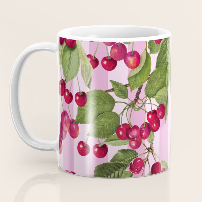 Lush Cherry Orchard Sweet Summer Fruits On Pink Stripes Coffee Mug Gallery Image 3