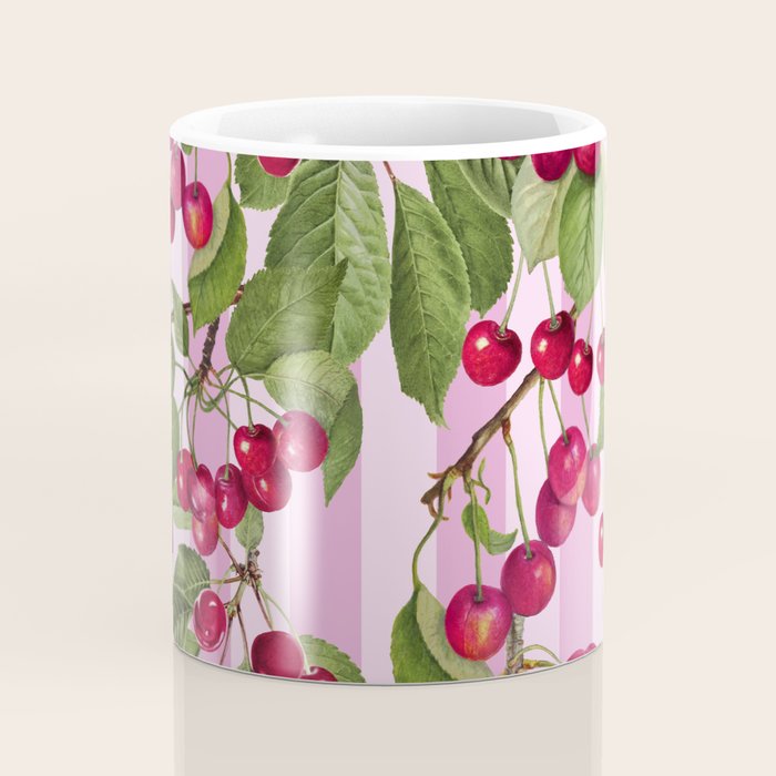 Lush Cherry Orchard Sweet Summer Fruits On Pink Stripes Coffee Mug Gallery Image 4