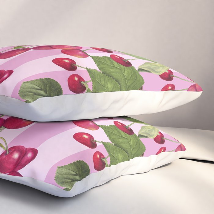 Lush Cherry Orchard Sweet Summer Fruits On Pink Stripes Pillow Sham Gallery Image 3