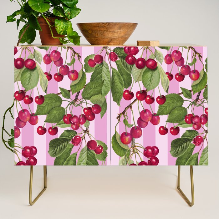 Lush Cherry Orchard Sweet Summer Fruits On Pink Stripes Credenza Gallery Image 1