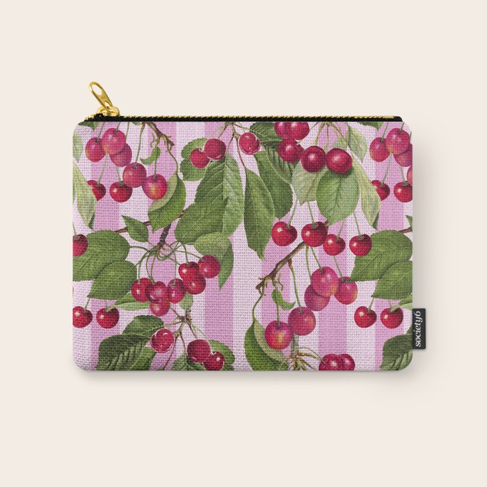 Lush Cherry Orchard Sweet Summer Fruits On Pink Stripes Carry All Pouch Gallery Image 1