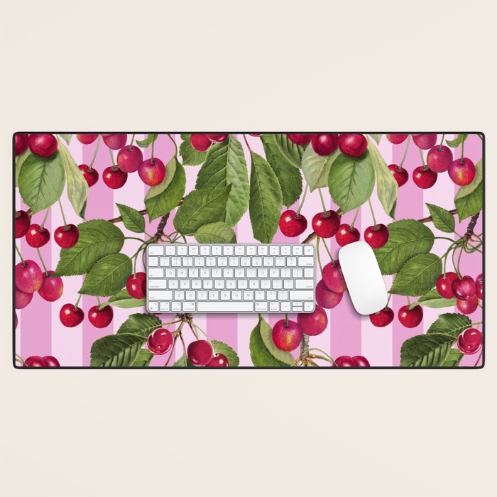 Lush Cherry Orchard Sweet Summer Fruits On Pink Stripes Desk Mat Gallery Image 1