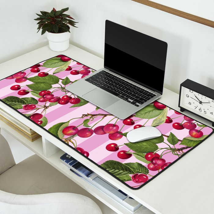 Lush Cherry Orchard Sweet Summer Fruits On Pink Stripes Desk Mat Gallery Image 2