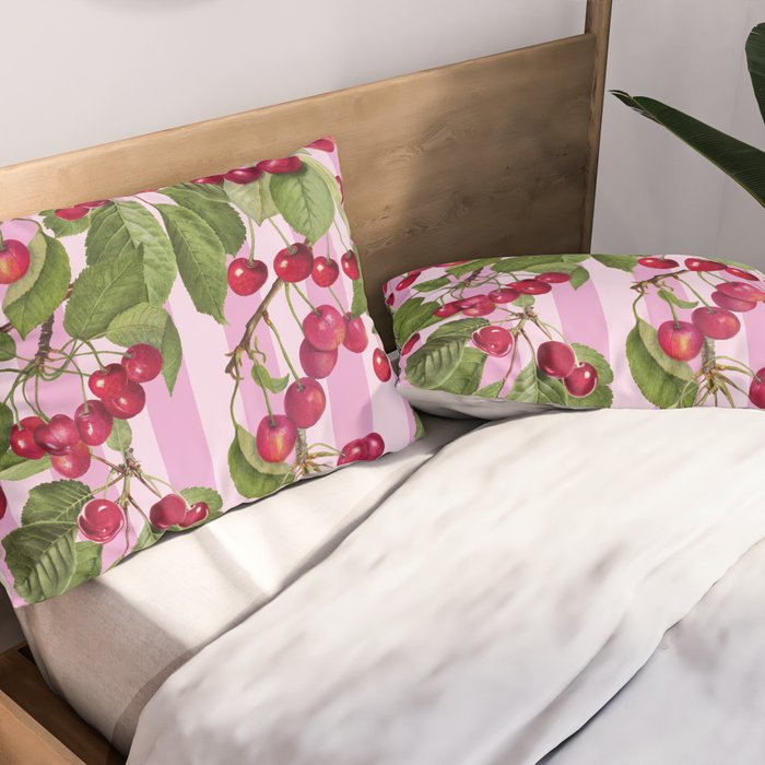Lush Cherry Orchard Sweet Summer Fruits On Pink Stripes Pillow Sham Gallery Image 2