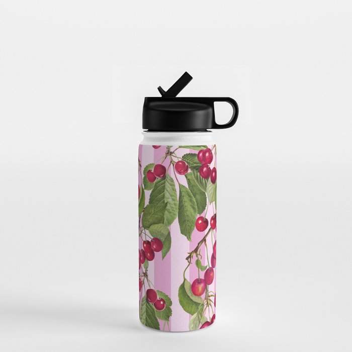 Lush Cherry Orchard Sweet Summer Fruits On Pink Stripes Water Bottle Gallery Image 1