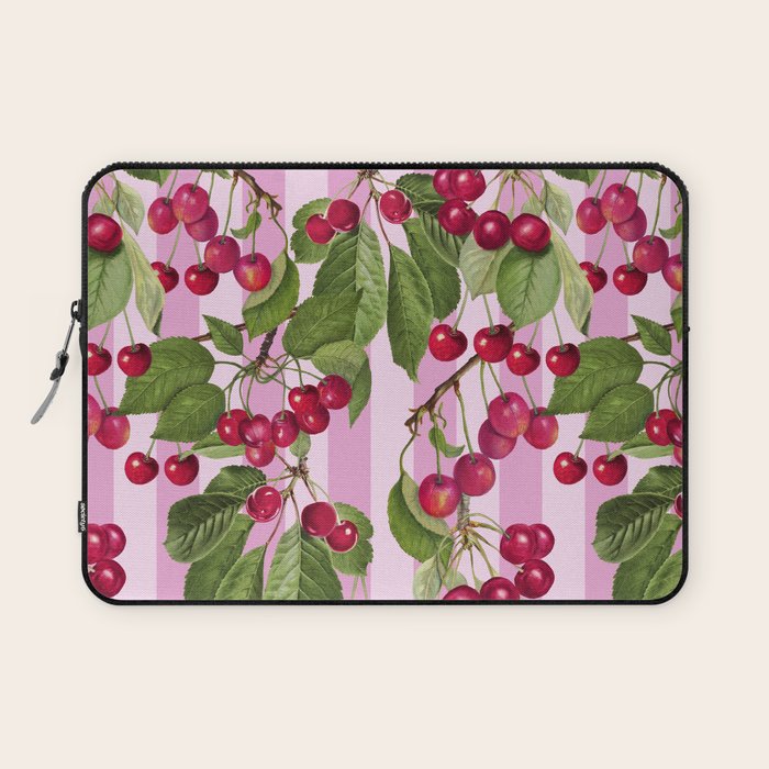 Lush Cherry Orchard Sweet Summer Fruits On Pink Stripes Laptop Sleeve Gallery Image 1