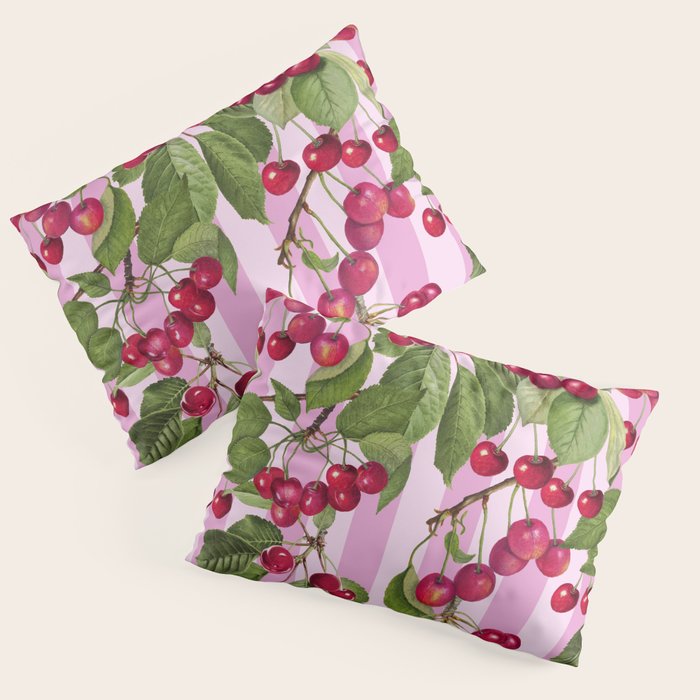 Lush Cherry Orchard Sweet Summer Fruits On Pink Stripes Pillow Sham Gallery Image 3