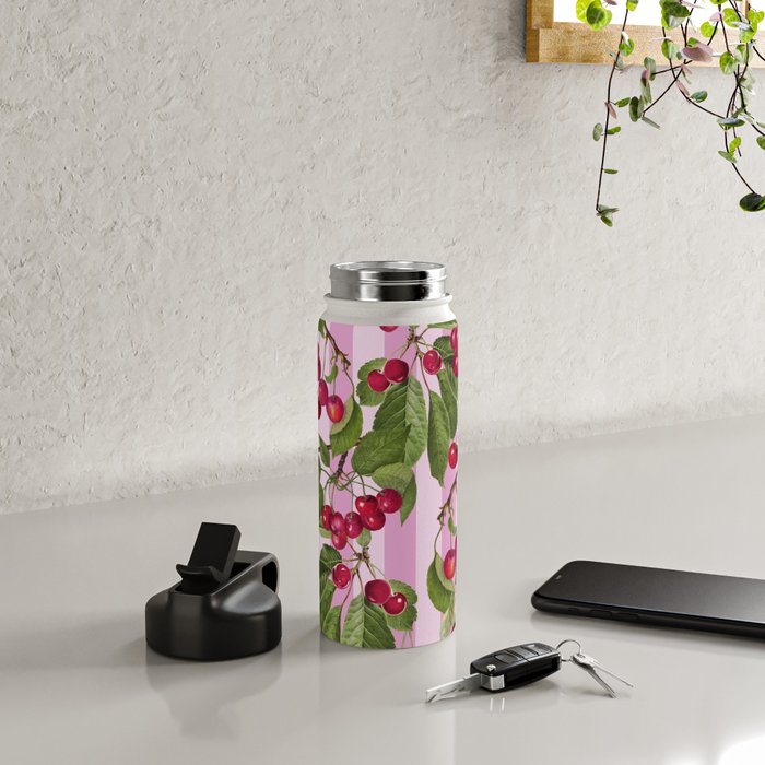 Lush Cherry Orchard Sweet Summer Fruits On Pink Stripes Water Bottle Gallery Image 4