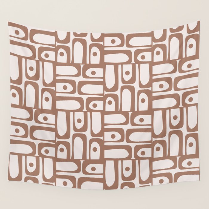Mid Century Modern Piquet Abstract Multi Geometric Pattern in Mocha Wall Tapestry Gallery Image 1