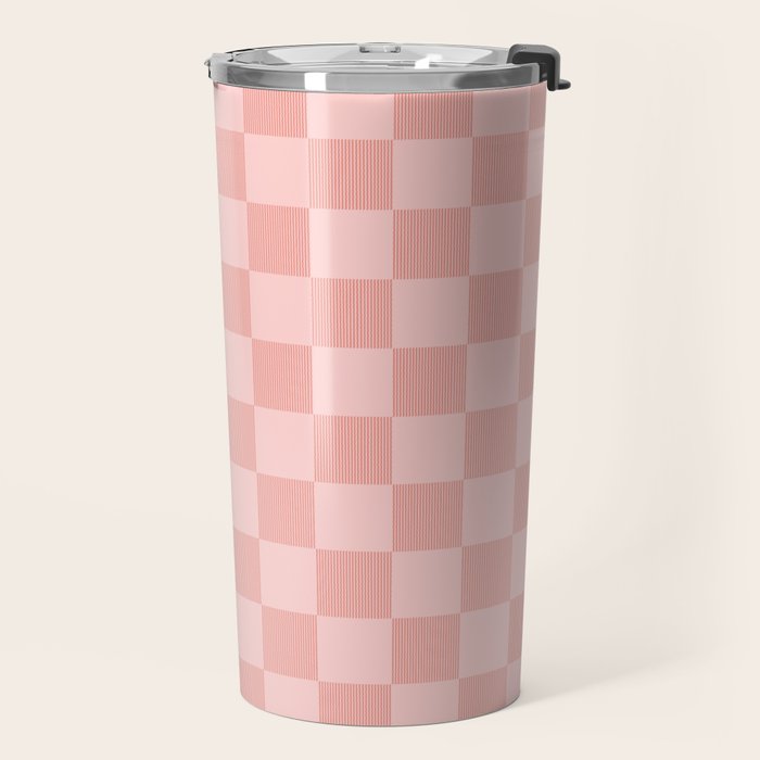 Textured Plaid pattern pink and white Travel Mug Gallery Image 2