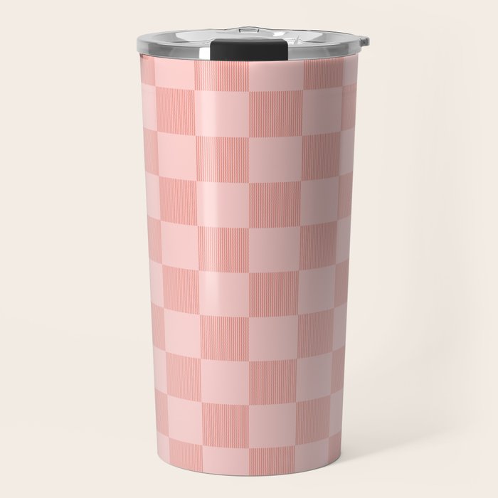 Textured Plaid pattern pink and white Travel Mug Gallery Image 1