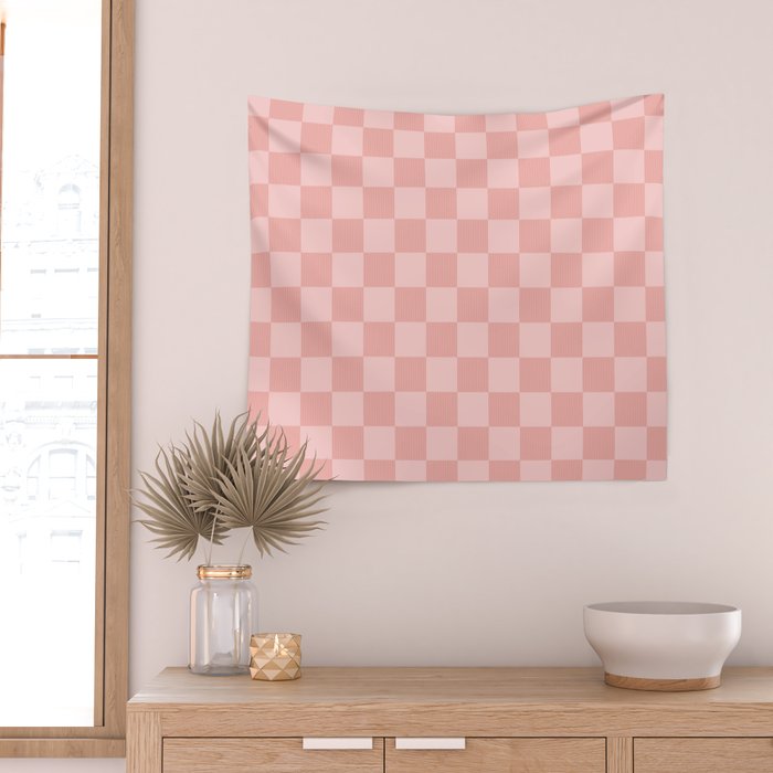 Textured Plaid pattern pink and white Wall Tapestry Gallery Image 2