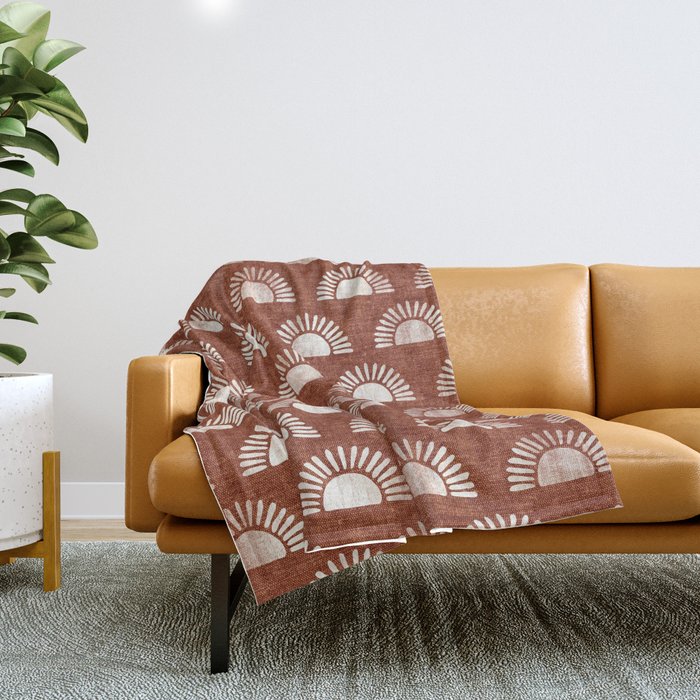 block print suns on rust Throw Blanket Gallery Image 1