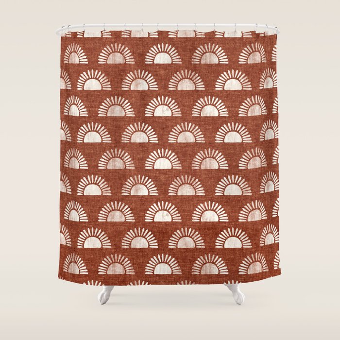 block print suns on rust Shower Curtain Gallery Image 1