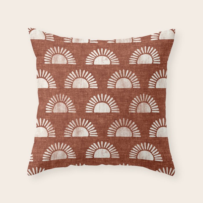 block print suns on rust Throw Pillow Gallery Image 1