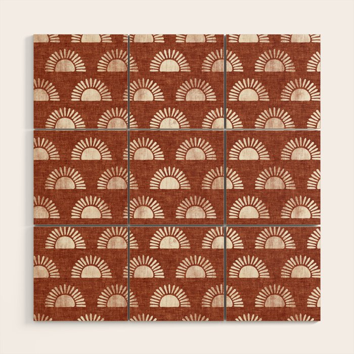 block print suns on rust Wood Wall Art Gallery Image 1