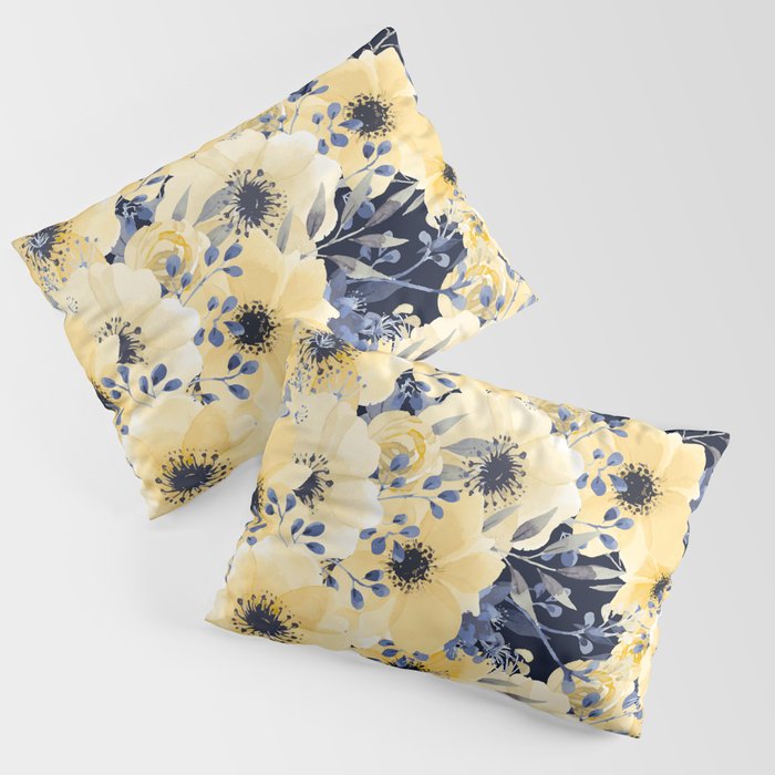 Floral Watercolor Print, Yellow and Navy Blue Pillow Sham Gallery Image 1