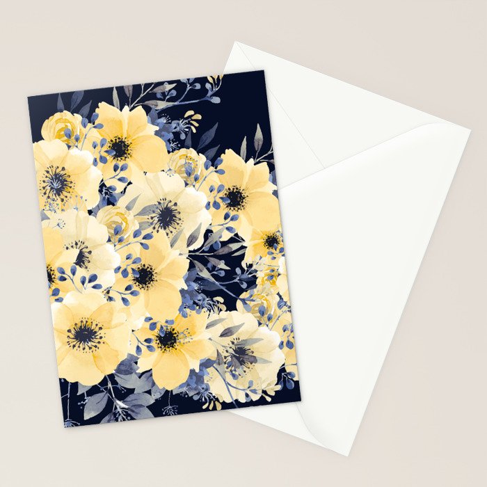 Floral Watercolor Print, Yellow and Navy Blue Stationery Card Gallery Image 2