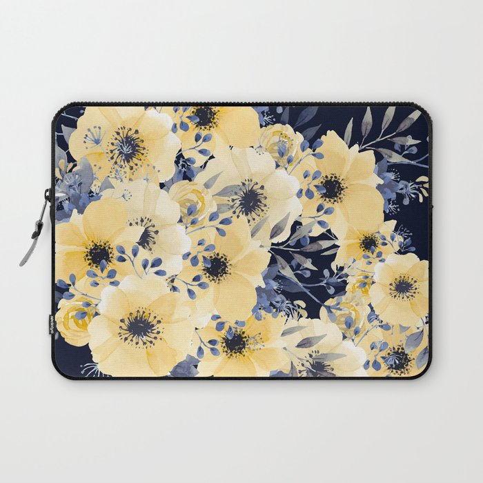 Floral Watercolor Print, Yellow and Navy Blue Laptop Sleeve Gallery Image 1
