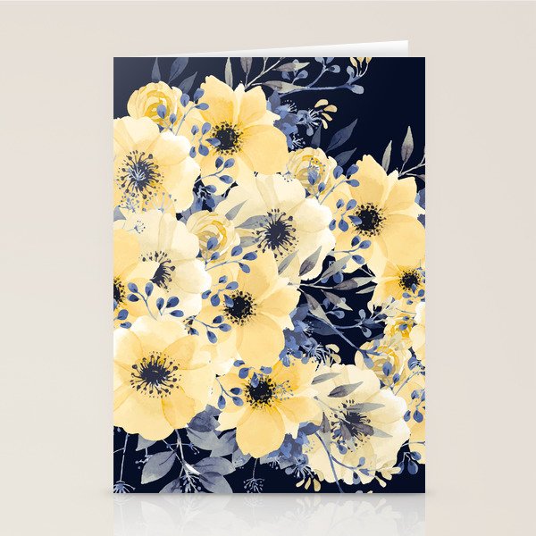 Floral Watercolor Print, Yellow and Navy Blue Stationery Card Gallery Image 2