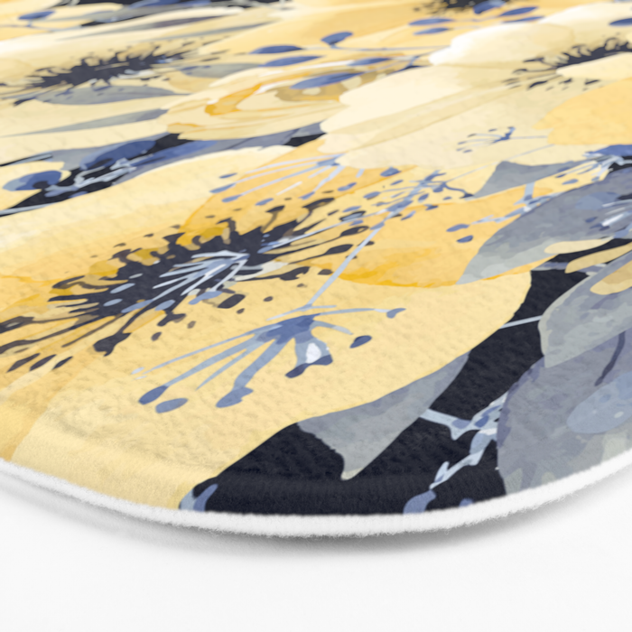 Floral Watercolor Print, Yellow and Navy Blue Bath Mat Gallery Image 3