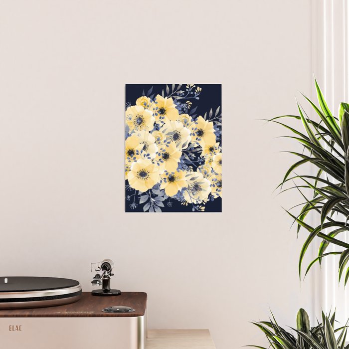 Floral Watercolor Print, Yellow and Navy Blue Poster Gallery Image 2