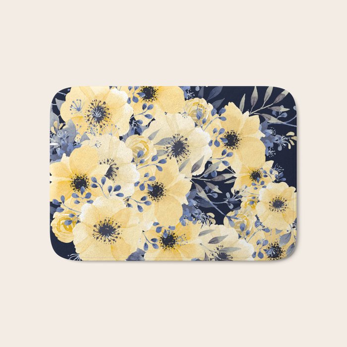 Floral Watercolor Print, Yellow and Navy Blue Bath Mat Gallery Image 1