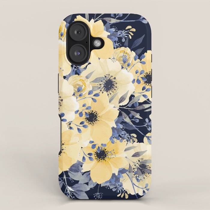 Floral Watercolor Print, Yellow and Navy Blue iPhone Case Gallery Image 1
