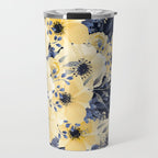 Floral Watercolor Print, Yellow and Navy Blue Travel Mug Gallery Image 1