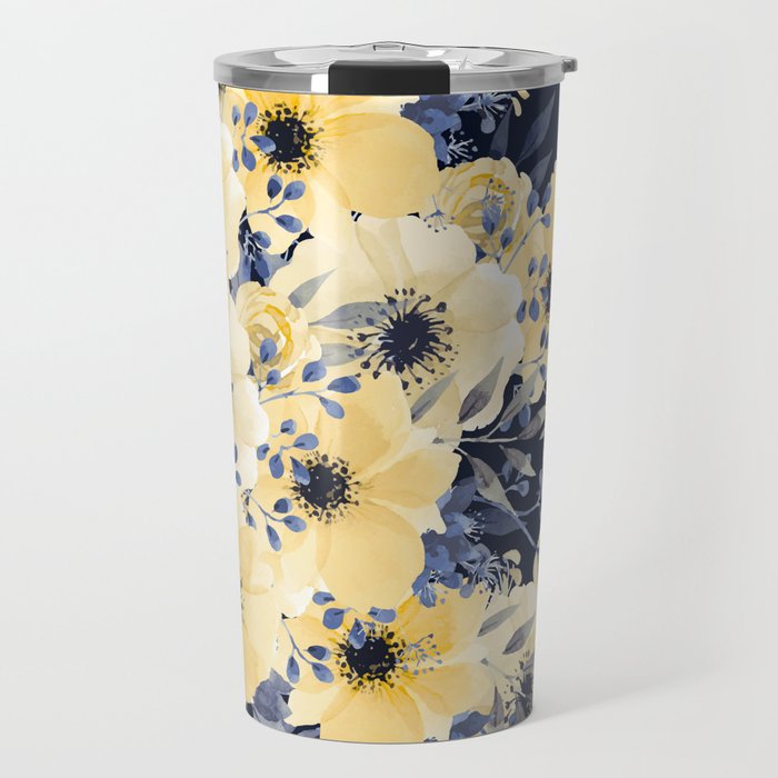 Floral Watercolor Print, Yellow and Navy Blue Travel Mug Gallery Image 1