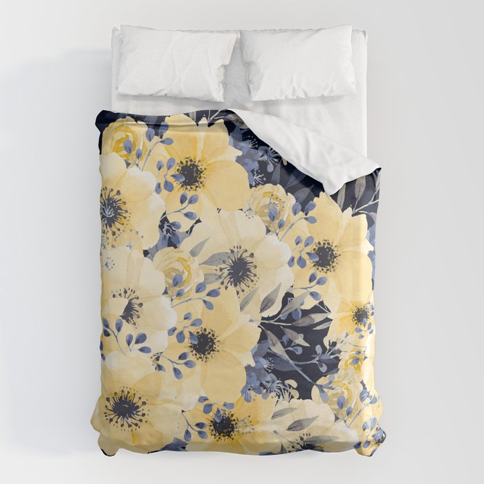 Floral Watercolor Print, Yellow and Navy Blue Duvet Cover Gallery Image 1