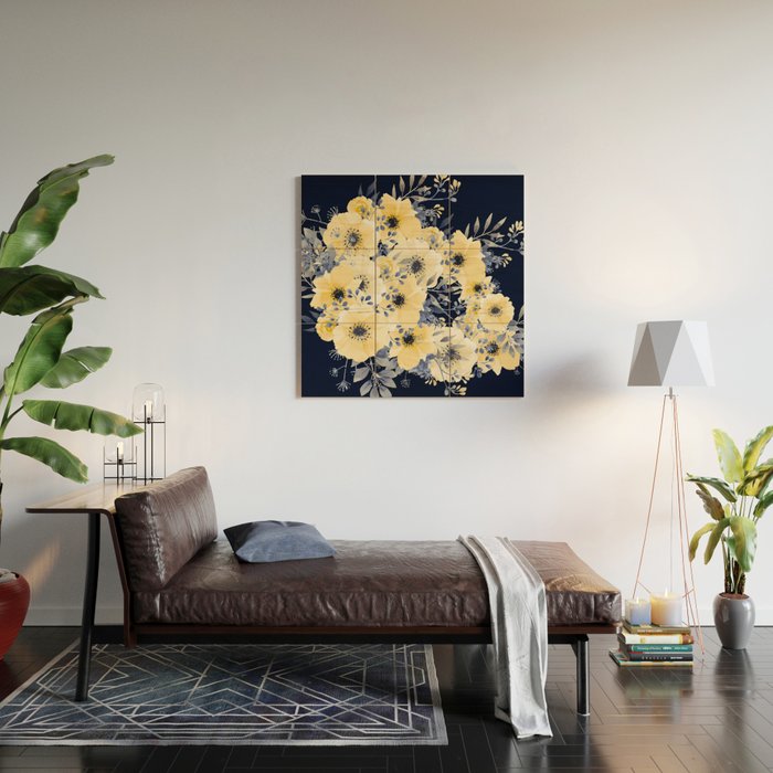 Floral Watercolor Print, Yellow and Navy Blue Wood Wall Art Gallery Image 2