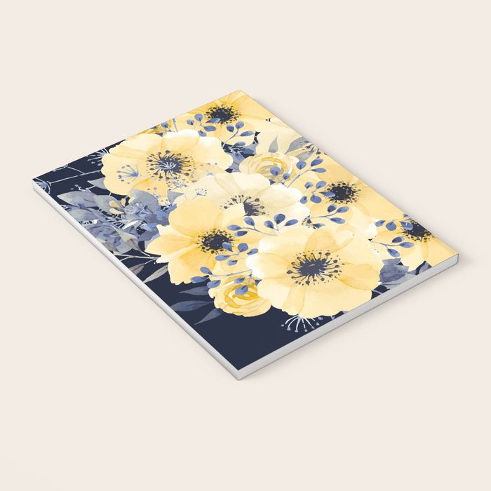 Floral Watercolor Print, Yellow and Navy Blue Notebook Gallery Image 3