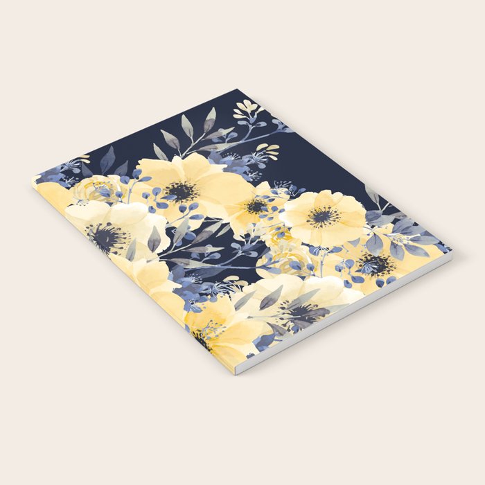 Floral Watercolor Print, Yellow and Navy Blue Notebook Gallery Image 2