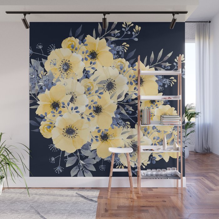 Floral Watercolor Print, Yellow and Navy Blue Wall Mural Gallery Image 1