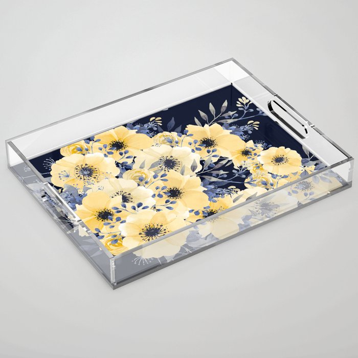 Floral Watercolor Print, Yellow and Navy Blue Acrylic Tray Gallery Image 1