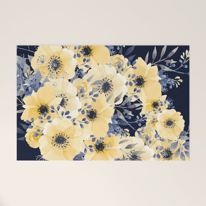 Floral Watercolor Print, Yellow and Navy Blue Welcome Mat Gallery Image 1