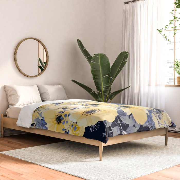 Floral Watercolor Print, Yellow and Navy Blue Comforter Gallery Image 2