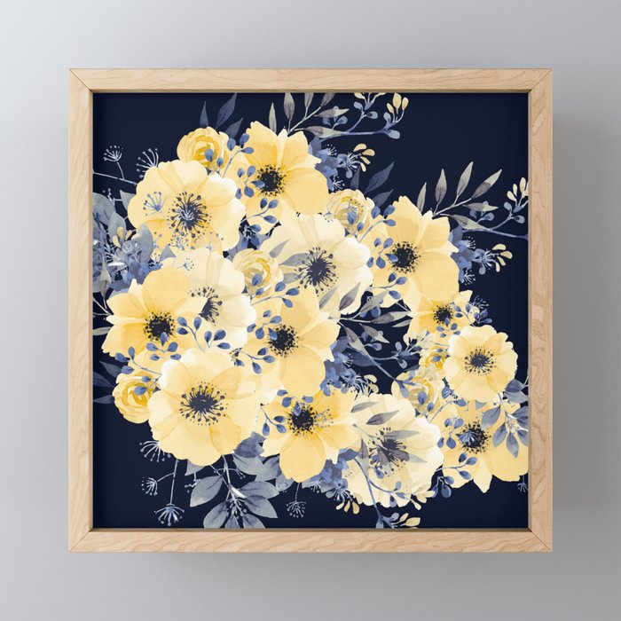 Floral Watercolor Print, Yellow and Navy Blue Mini Art Print Gallery Image 1