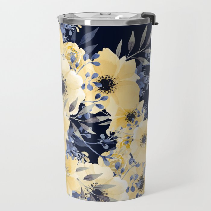 Floral Watercolor Print, Yellow and Navy Blue Travel Mug Gallery Image 2