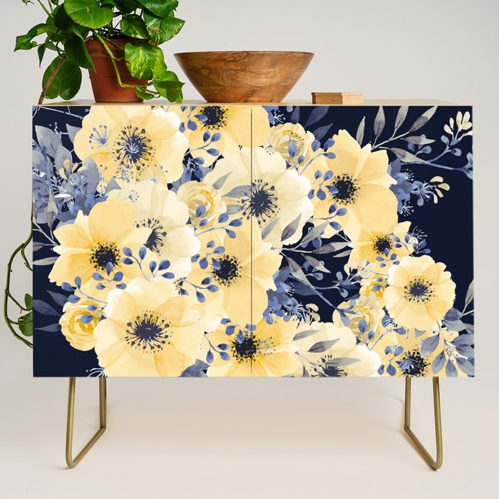 Floral Watercolor Print, Yellow and Navy Blue Credenza Gallery Image 1