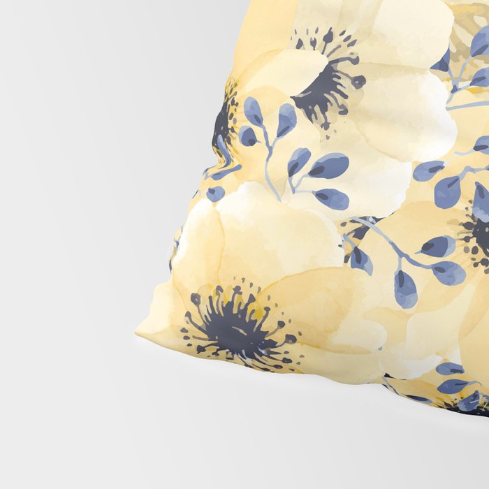 Floral Watercolor Print, Yellow and Navy Blue Pillow Sham Gallery Image 4