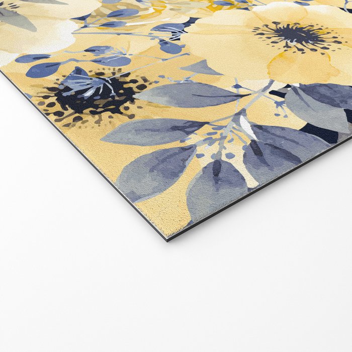 Floral Watercolor Print, Yellow and Navy Blue Welcome Mat Gallery Image 2