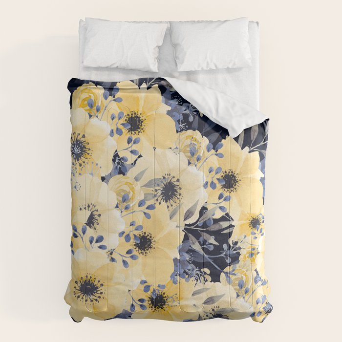 Floral Watercolor Print, Yellow and Navy Blue Comforter Gallery Image 6