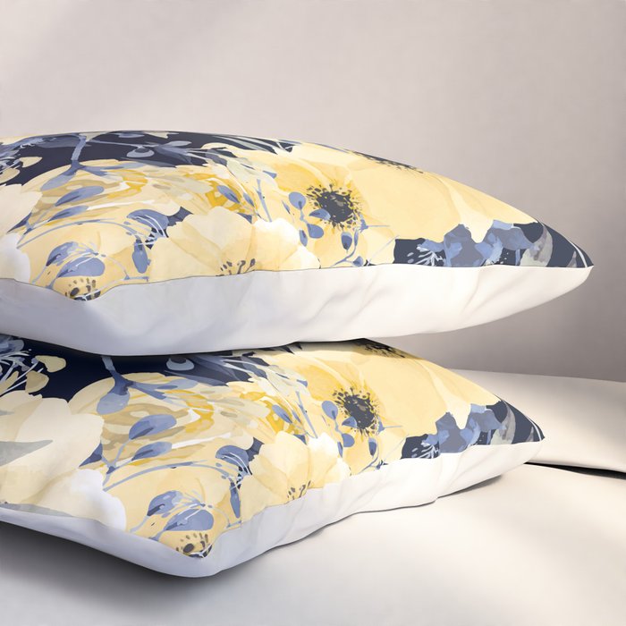 Floral Watercolor Print, Yellow and Navy Blue Pillow Sham Gallery Image 3