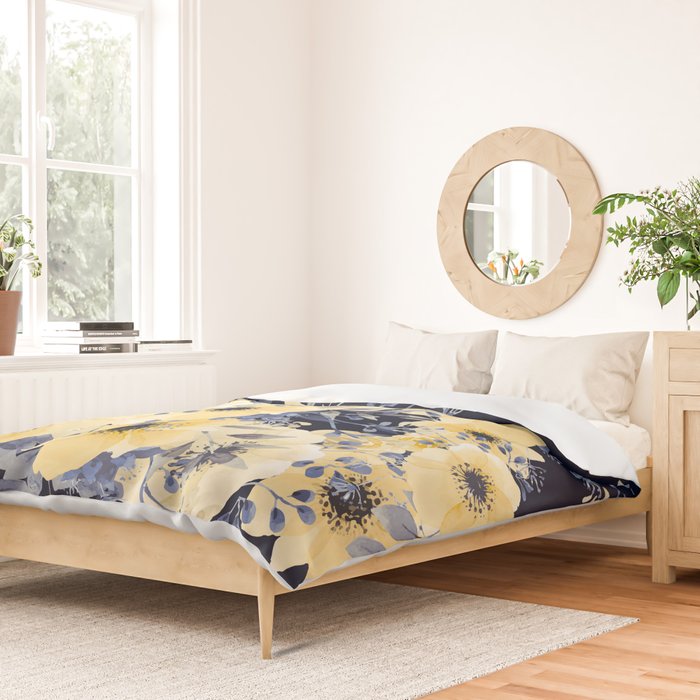 Floral Watercolor Print, Yellow and Navy Blue Duvet Cover Gallery Image 2