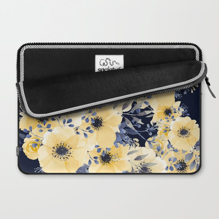 Floral Watercolor Print, Yellow and Navy Blue Laptop Sleeve Gallery Image 2