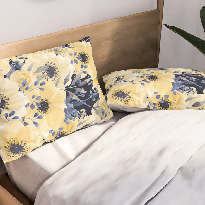 Floral Watercolor Print, Yellow and Navy Blue Pillow Sham Gallery Image 2