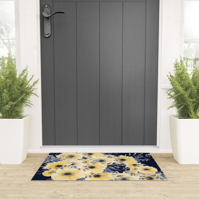 Floral Watercolor Print, Yellow and Navy Blue Welcome Mat Gallery Image 3