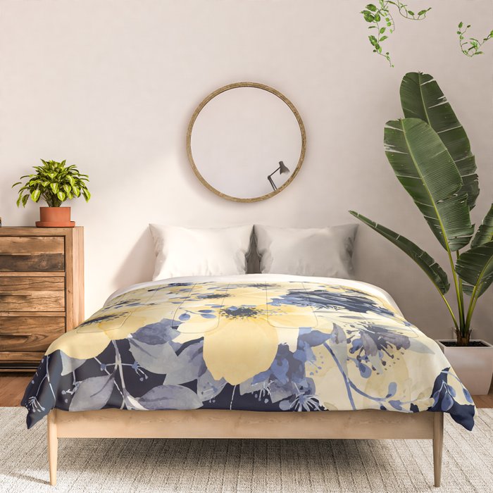 Floral Watercolor Print, Yellow and Navy Blue Comforter Gallery Image 3